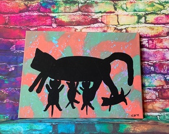 Black Cat and Four Kittens 12x16