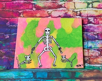 Skeleton with Two Kitties! 11x14