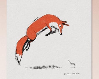 May include: An orange fox leaps from a branch in a minimalist art print. The fox is depicted with bold strokes against a white background. The artwork is framed with a white border and a wooden hanger.