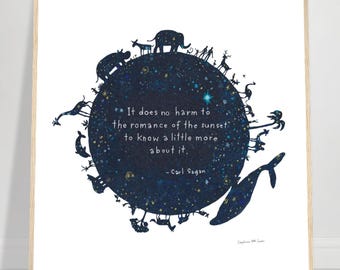 May include: A framed art print featuring a dark blue celestial design with animal silhouettes around a central quote by Carl Sagan: "It does no harm to the romance of the sunset to know a little more about it."