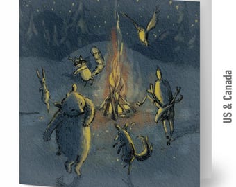Fire Dance Animals Greeting Cards, Pack of 10 with Envelopes, Winter Forest Stationery, Hand Illustrated Cards Set, 5.25" x 5.25"
