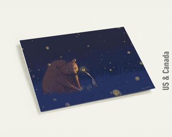Bear, Duck And Fireflies Greeting Cards With Envelopes, Pack of 10, Whimsical Illustrated Cards For Kids, 4.25x5.5″ or 5R (5 x 7″)