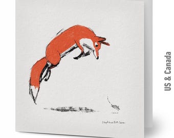 May include: A greeting card featuring an orange fox leaping towards a small gray mouse. The fox is drawn in a loose, expressive style with black outlines. The card has the text "US & Canada" on the right side.