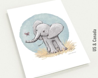 Baby Elephant Greeting Cards, Pack Of 10 Folded Animal Cards, Hand-Illustrated, 4.25x5.5″ or 5R (5 x 7″)