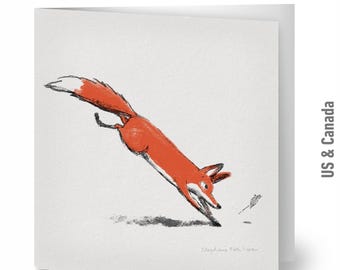 May include: A greeting card featuring an illustration of a leaping orange fox with a white-tipped tail. The fox is jumping towards a small arrow on a white background. The card is folded.