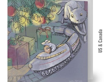 Cat and Mouse Christmas Cards, Hand-Illustrated Holiday Greeting Cards, Set of 10, 5.25" x 5.25"