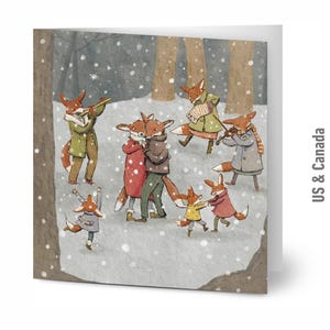 Dancing Foxes Holiday Cards, 10 Pack with Envelopes, Hand-Illustrated Winter Animal Cards, Christmas Stationery, 5.25" x 5.25"