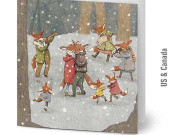 Dancing Foxes Holiday Cards, 10 Pack with Envelopes, Hand-Illustrated Winter Animal Cards, Christmas Stationery, 5.25" x 5.25"