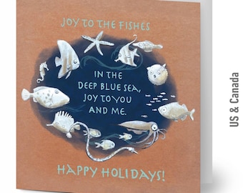 Fish Holiday Cards, Pack of 10 Folded Christmas Greeting Cards, Marine Life Cards, Eco-Friendly Envelopes, 5.25" x 5.25"