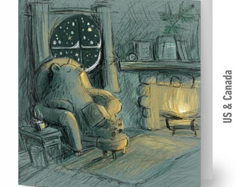 May include: A greeting card illustration depicts a bear relaxing in a cozy armchair by a fireplace. The scene is illuminated by the fire's glow and a starry night visible through a round window. The color palette is primarily muted blues and greens.