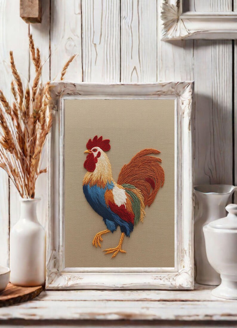The Embroidered Rooster Printable Art, Animal ART PRINT, Chicken Wall ...