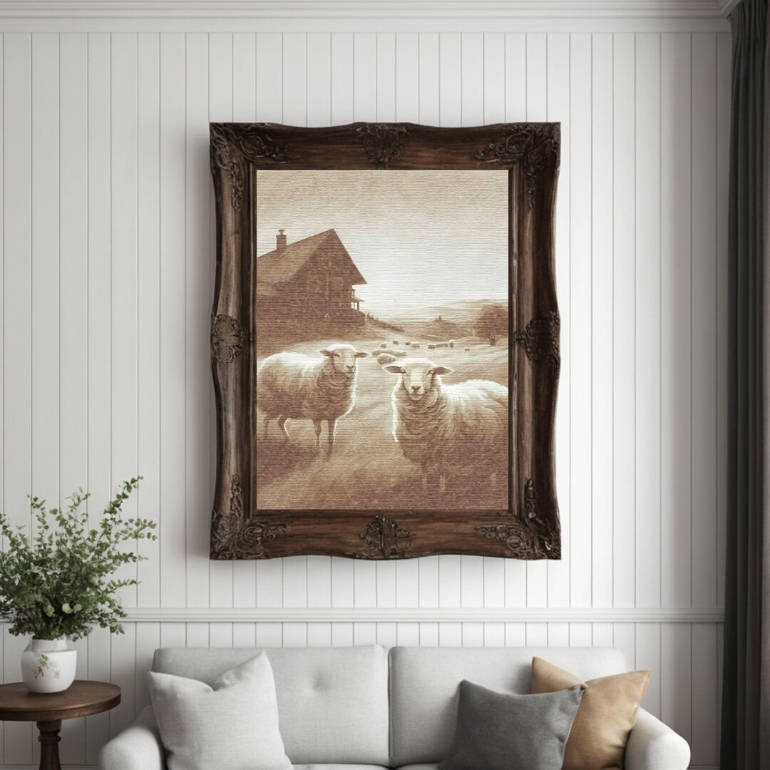 Vintage Sheep Farm in Brown Tones Wall Art: Rustic Countryside Print ...