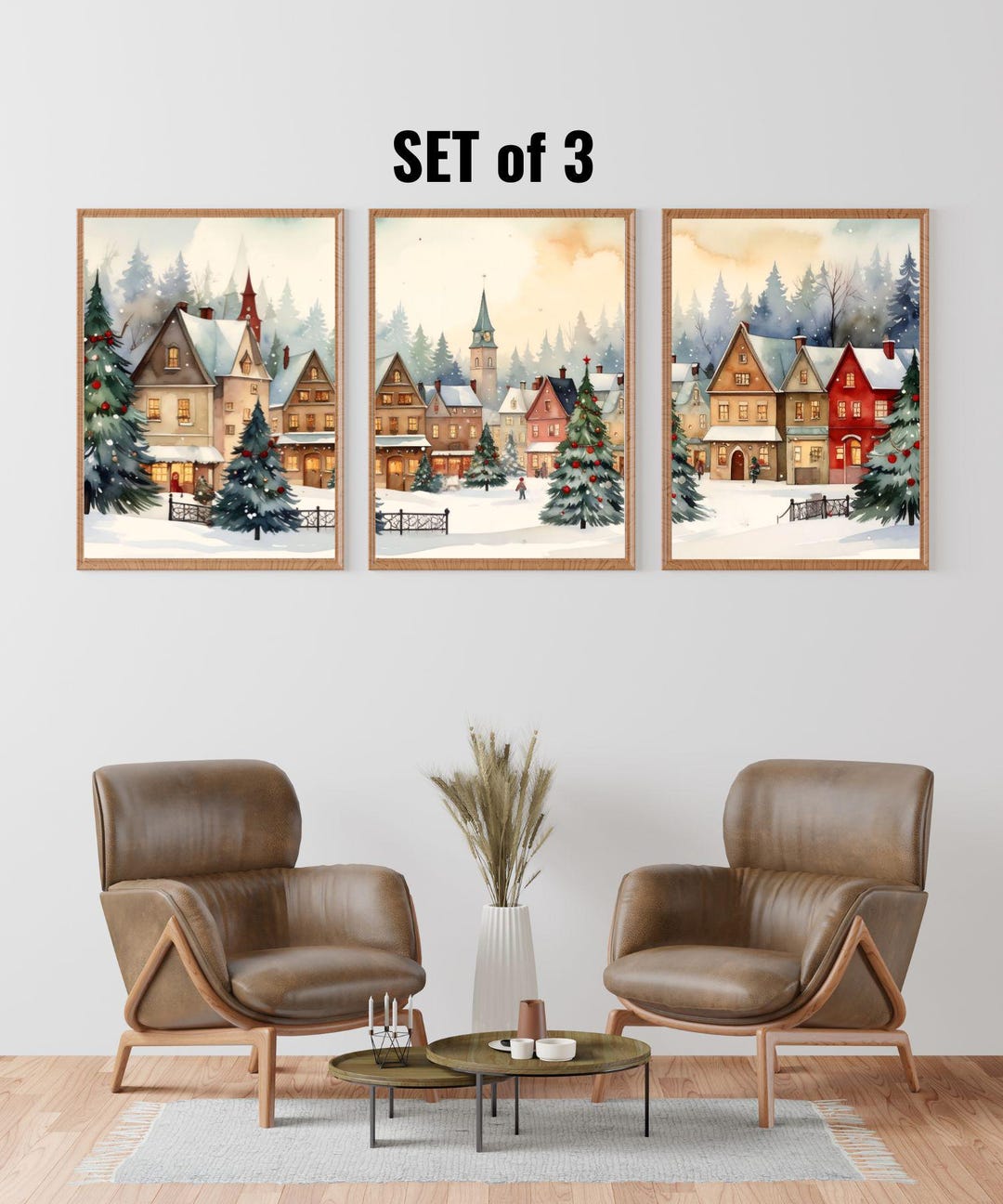 Christmas Village Watercolor Prints, Snowy Winter Town Art (digital ...
