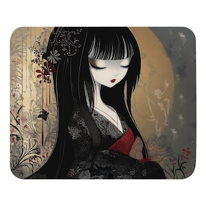 May include: A decorative mousepad featuring an illustration of a woman in a black kimono with long black hair and closed eyes. The background has a floral design with gold and red accents. The woman has red lipstick.
