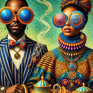 Black Couple Wall Art – Tea Time Harmony, Printable image 1