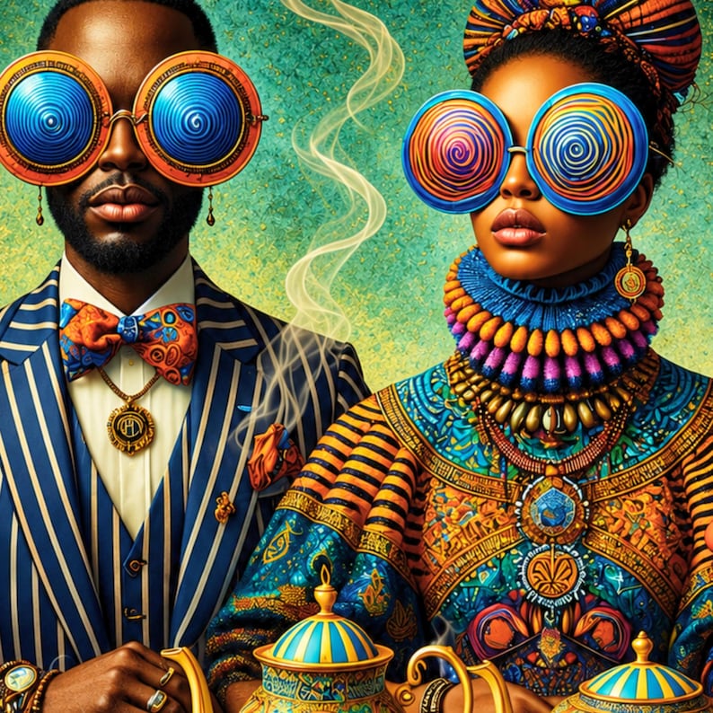 Black Couple Wall Art – Tea Time Harmony, Printable image 1