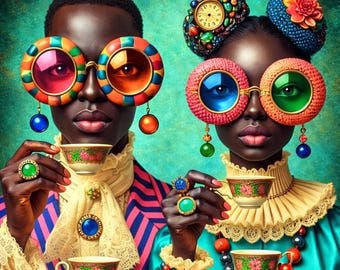 Black Couple Wall Art – Afro Tea Party Portrait, Colorful Afrocentric Printable