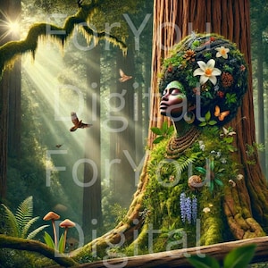 Afrocentric Mother Earth Wall Art – African American Nature Goddess Print, Botanical Tree Roots Portrait, Surreal Digital Download Decor