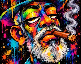 Arte mural de hombre negro con cigarro – Impresión afro pop colorida