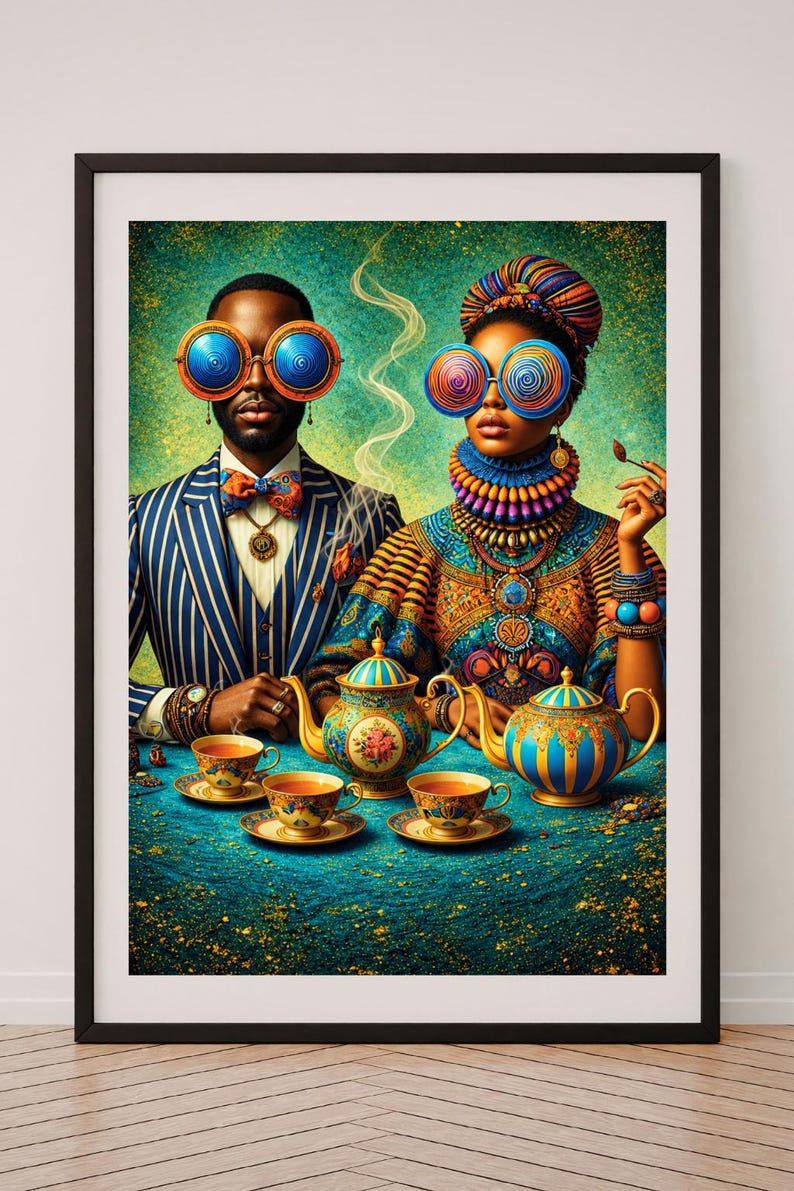 Black Couple Wall Art – Tea Time Harmony, Printable image 8