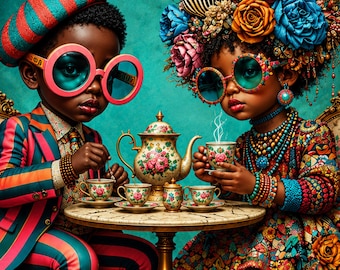 Black Kids Wall Art – Floral Tea Party Portrait, Printable