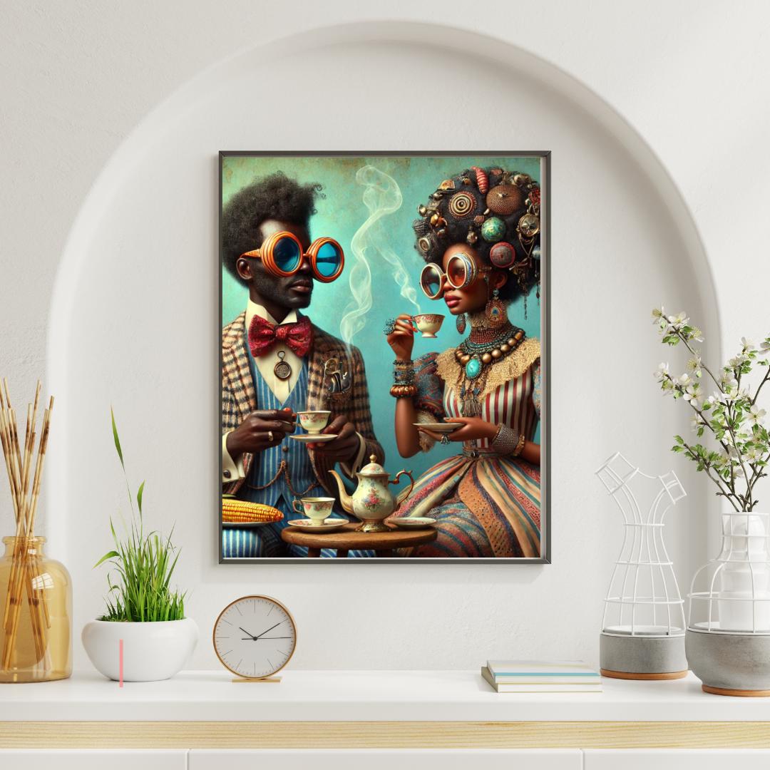 Afrocentric Wall Art – Black Couple Tea Party Portrait, Victorian Fashion Digital Download