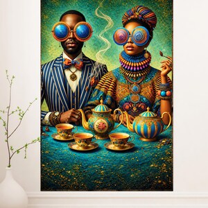 Black Couple Wall Art – Tea Time Harmony, Printable image 2