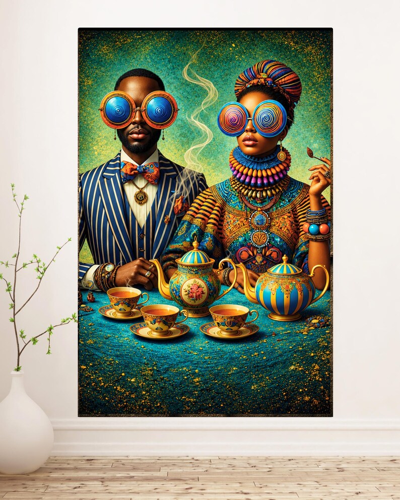 Black Couple Wall Art – Tea Time Harmony, Printable image 2