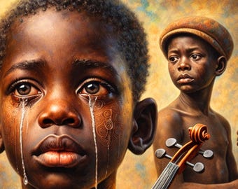 Black Wall Art – Emotional Violin Boy Portrait, Afrocentric Cultural Art Printable