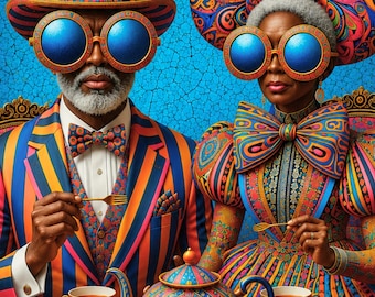 Cuadro decorativo para pareja afroamericana: La hora del té para siempre, imprimible.