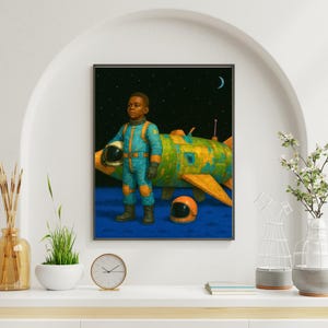 Black Boy Astronaut Wall Art Print – Afrocentric Space Decor, Futuristic Galaxy Kids Room Digital Download