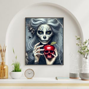 Gothic Halloween Skull Wall Art – Dark Fantasy Woman with Cracked Skeleton Face & Skull Apple, Spooky Horror Digital Print