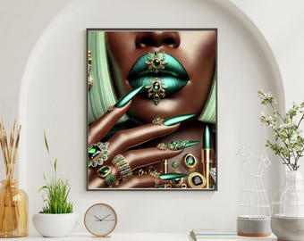 Statement Glam Beauty Wall Art – Emerald Green Lips & Stiletto Nails, Luxury Fashion Portrait Print
