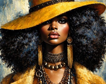 May include: An oil painting of a person with voluminous dark curly hair wearing a wide-brimmed yellow hat, a layered gold-toned choker necklace, long dangling gold fringe earrings, and a yellow coat, rendered with thick, visible brushstrokes.