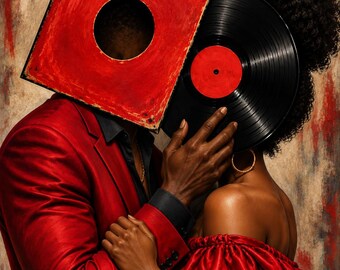 Decoración de pared para pareja afroamericana: lámina imprimible con diseño de vinilo y música romántica.
