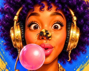 Afro Pop Music Wall Art Black Woman Headphones Bee Portrait