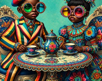 May include: Two figures sit at a round table with a teapot and two teacups. One wears a multi-colored striped suit and beret with round glasses. The other wears a floral patterned dress and headpiece with round glasses. Both sit in ornate chairs.