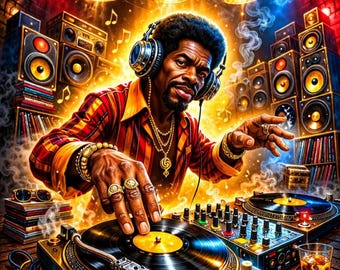 African American DJ Wall Art – Hip Hop Turntable Vinyl Poster, Old School Music Studio Printable Download