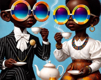 Black Kids Wall Art – Modern Tea Party, Printable
