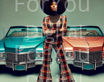 Vintage 70s Art Download: Fashion Cars Digital Illustration Print Decor