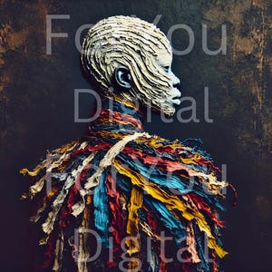 Afrocentric Wall Art – African Woman Portrait with Textured Fabric Layers, Abstract Printable Download