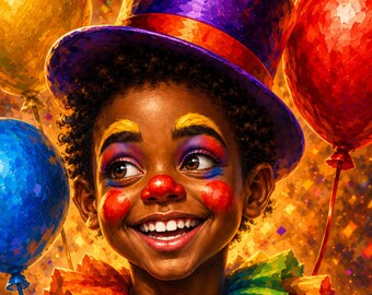 Black Boys Wall Art, Carnival Clown Portrait, Printable