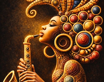 African American Wall Art – Black Woman Saxophone Print, Afrocentric Jazz Decor, Cultural Music Artwork, Printable