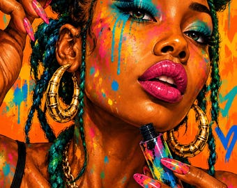 Decoración de pared con maquillaje de mujer negra – Impresión afro pop colorida