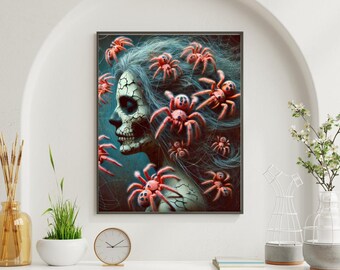 Gothic Skull Wall Art – Creepy Spider Hair Woman Portrait, Halloween Skeleton Digital Print, Spooky Gothic Decor