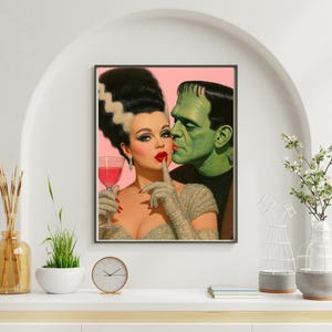 Frankenstein and Bride Wall Art – Retro Monster Couple Print, Vintage Horror Pin-Up Halloween Decor, Gothic Spooky Digital Download
