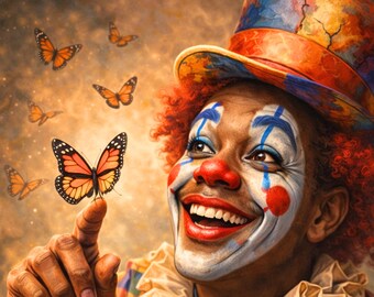 Black Men Wall Art – Afro Circus Clown Portrait, Colorful Storytelling Printable