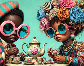 Black Kids Wall Art – Afro Tea Party Kids Portrait Stylish Afrocentric Printable