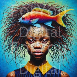 夢のようなアフロファンタジーポートレート：魚の冠を持つ少女、カラフルなデジタルアートプリントのダウンロード