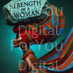 Black Woman Wall Art – Afrocentric Portrait with Headwrap, Strength of a Woman Digital Print, Inspirational Decor Download